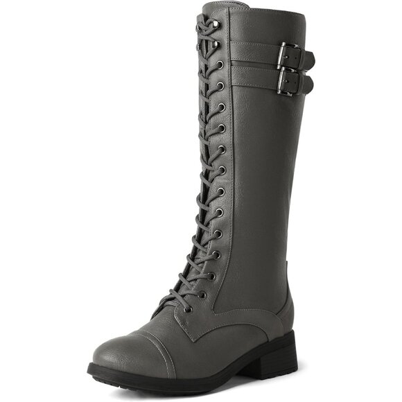 Women's Polyurethane Pu Georgia Grey Double buckle Knee High Riding Combat Boot - Picture 1 of 9
